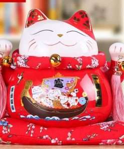 Mèo thần tài đỏ giơ 2 tay-Đa Phú Quý-21cm