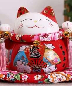 Mèo thần tài đỏ giơ 2 tay Mãn Niên Sung Túc 21cm