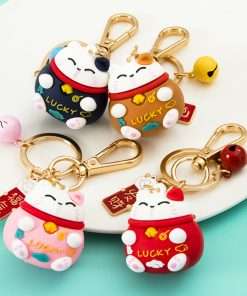 Móc khóa mèo thần tài may mắn kèm mặt charm kim loại